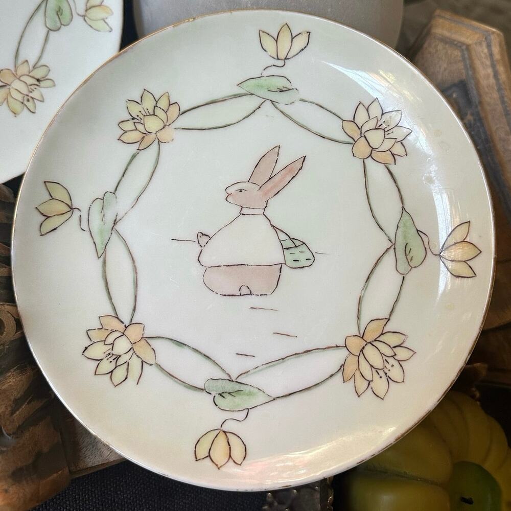 Antique MZ Austria bunny dessert Plates Set of 2 White Gold Gilt children 7”